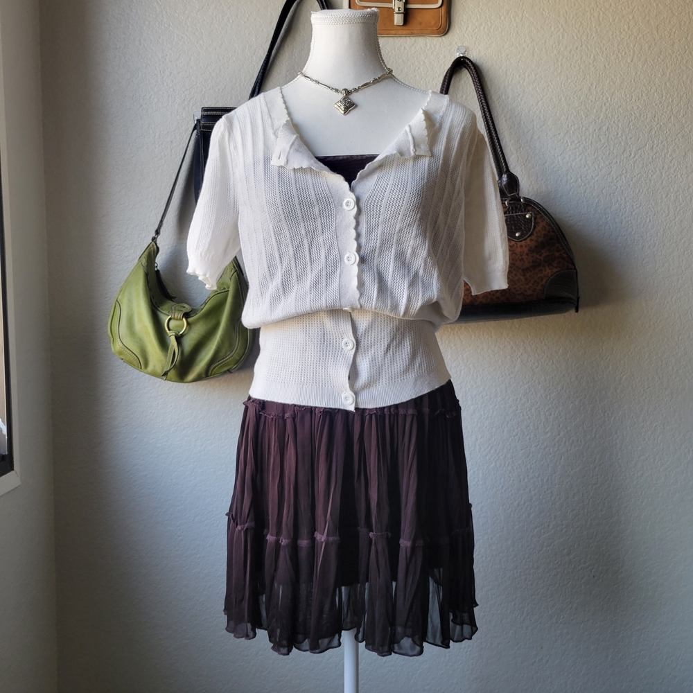 White Button-Up Cardigan with Brown Skirt